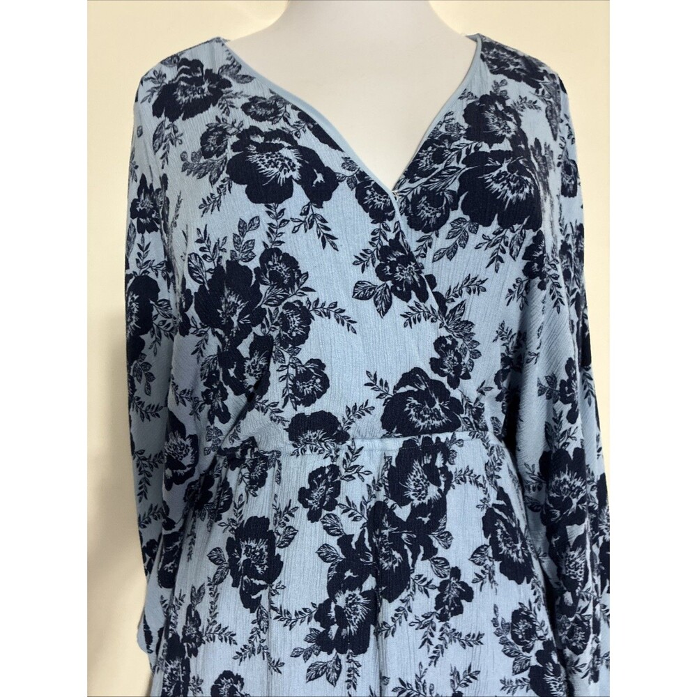 Womens Large Boho Romper Blue Floral Deep V-neck Dolman Sleeve Keyhole Button - Picture 6 of 16